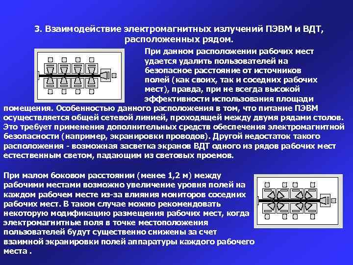 3. Взаимодействие электромагнитных излучений ПЭВМ и ВДТ, расположенных рядом. При данном расположении рабочих мест