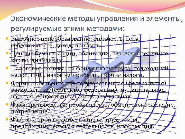 Экономические методы управления и элементы, регулируемые этими методами: Рыночное ценообразование: стоимость, цена, себестоимость, доход,