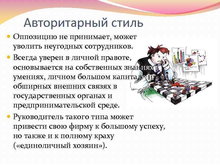 Авторитарный стиль Оппозицию не принимает, может уволить неугодных сотрудников. Всегда уверен в личной правоте,