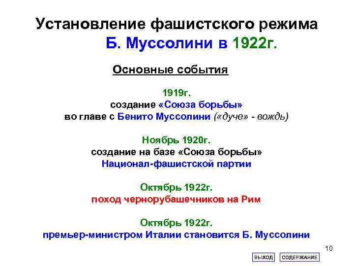 Установление фашистского режима Б. Муссолини в 1922 г. Основные события 1919 г. создание «Союза