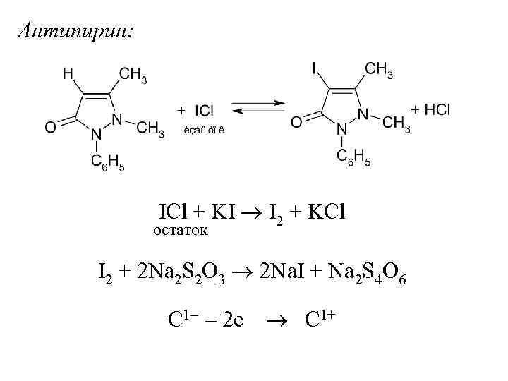 Антипирин: ICl + KI I 2 + KCl остаток I 2 + 2 Na