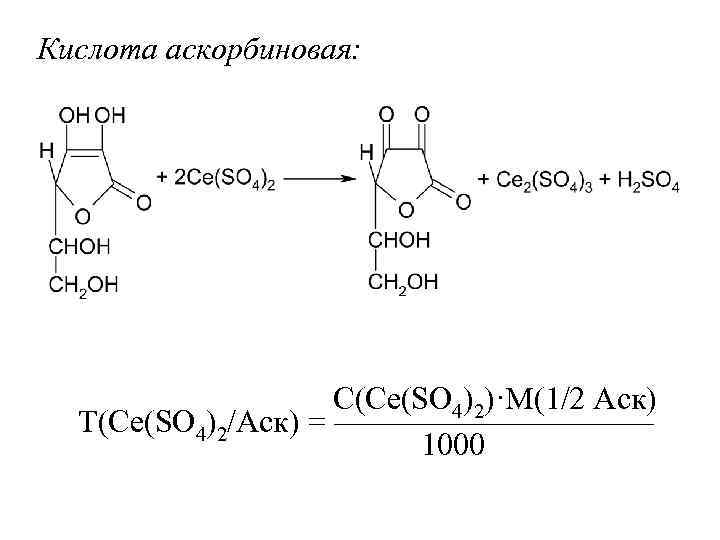 Кислота аскорбиновая: С(Ce(SO 4)2)·M(1/2 Аск) Т(Ce(SO 4)2/Аск) = ————— 1000 