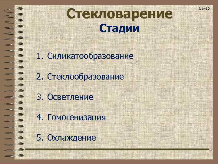 Стекловарение Стадии 1. Силикатообразование 2. Стеклообразование 3. Осветление 4. Гомогенизация 5. Охлаждение Л 2–