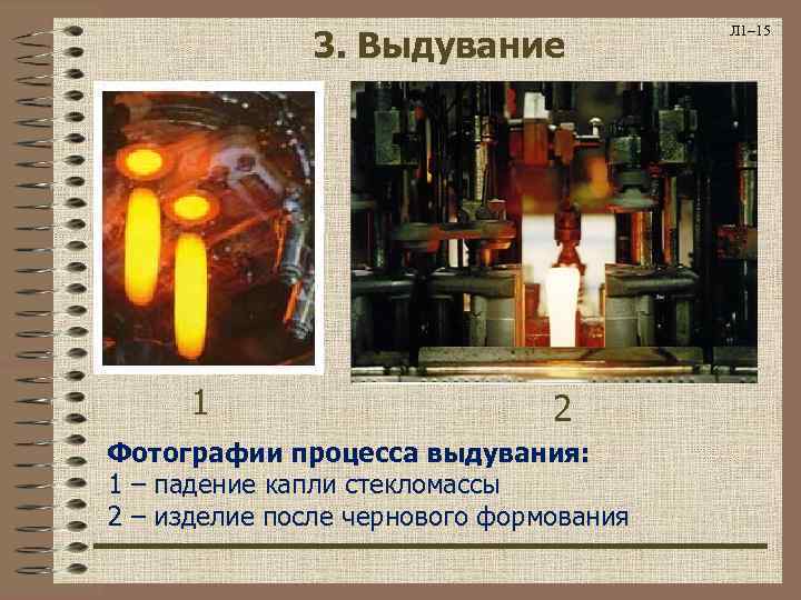 3. Выдувание 1 2 Фотографии процесса выдувания: 1 – падение капли стекломассы 2 –