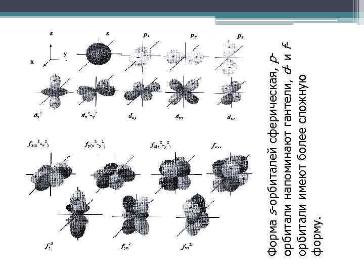 Форма s-орбиталей сферическая, pорбитали напоминают гантели, d- и fорбитали имеют более сложную форму. 