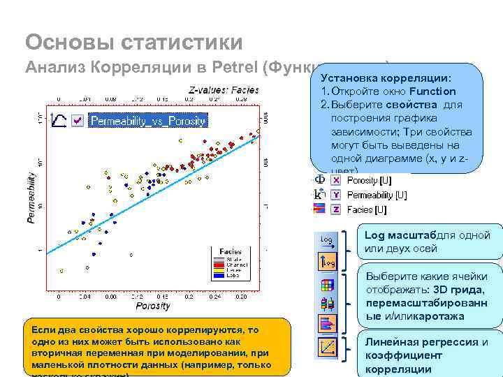 Основы статистики Анализ Корреляции в Petrel (Функция окно) Установка корреляции: 1. Откройте окно Function