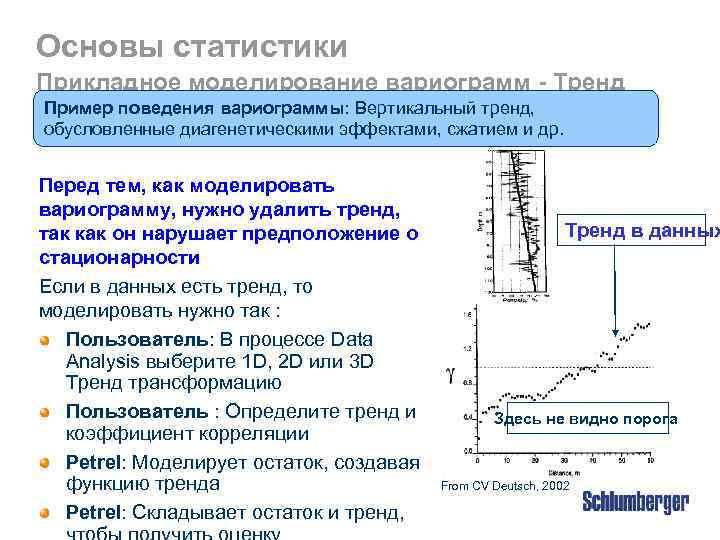 Основы статистики Прикладное моделирование вариограмм - Тренд Пример поведения вариограммы: Вертикальный тренд, обусловленные диагенетическими