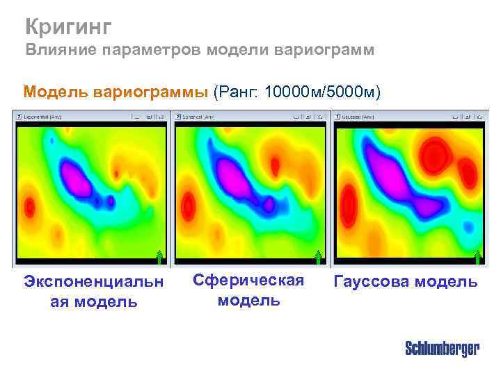 Кригинг Влияние параметров модели вариограмм Модель вариограммы (Ранг: 10000 м/5000 м) Экспоненциальн ая модель