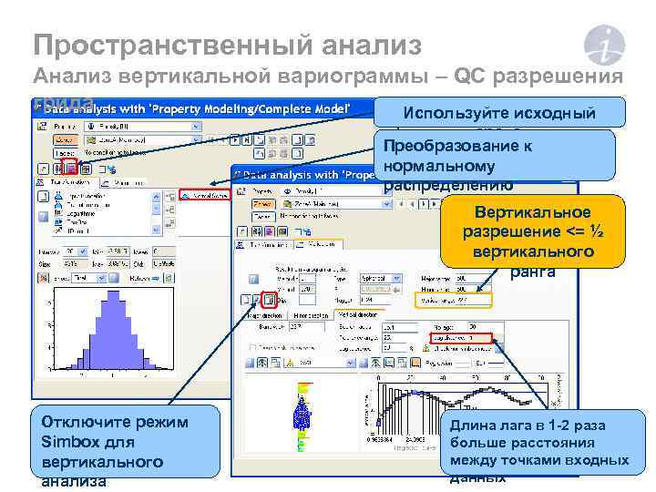 Пространственный анализ Анализ вертикальной вариограммы – QC разрешения грида Используйте исходный каротаж Преобразование к