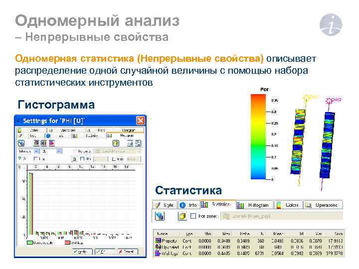 Одномерный анализ – Непрерывные свойства Одномерная статистика (Непрерывные свойства) описывает распределение одной случайной величины