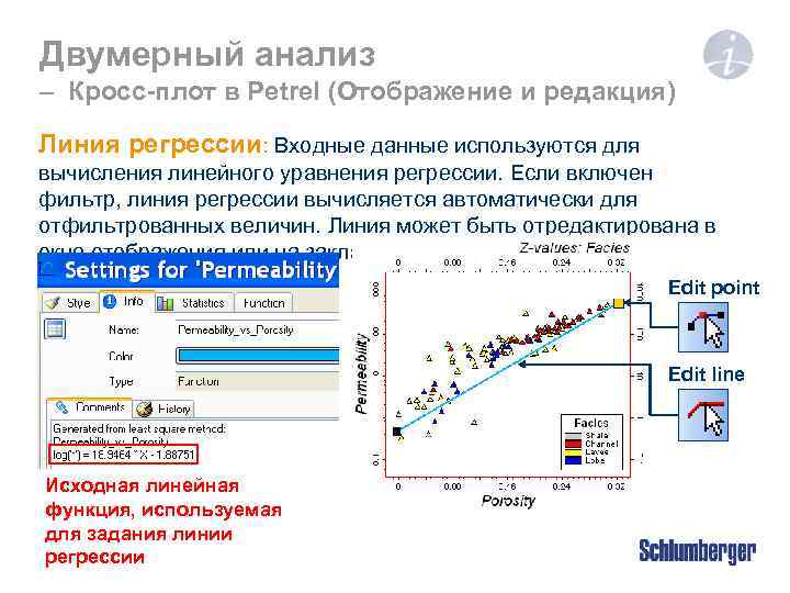 Двумерный анализ – Кросс-плот в Petrel (Отображение и редакция) Линия регрессии: Входные данные используются