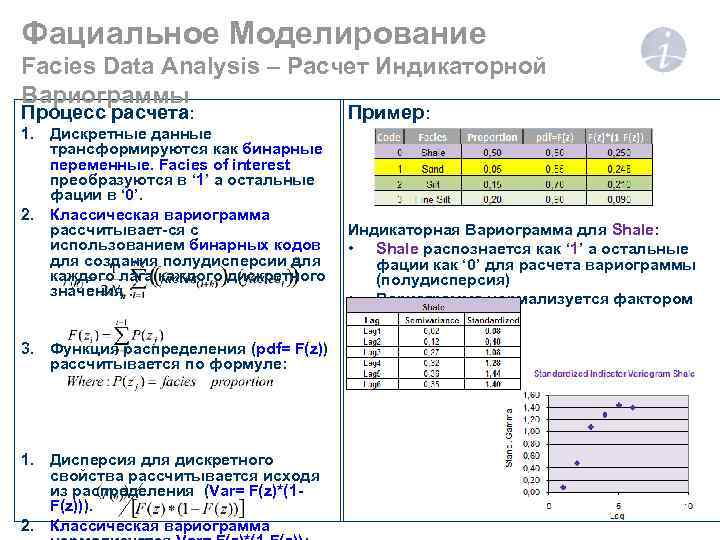 Фациальное Моделирование Facies Data Analysis – Расчет Индикаторной Вариограммы Процесс расчета: 1. Дискретные данные