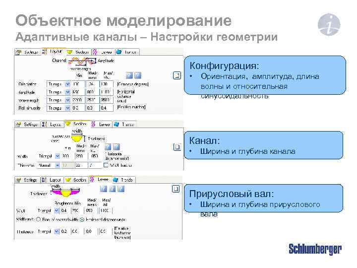 Объектное моделирование Адаптивные каналы – Настройки геометрии Конфигурация: • Ориентация, амплитуда, длина волны и