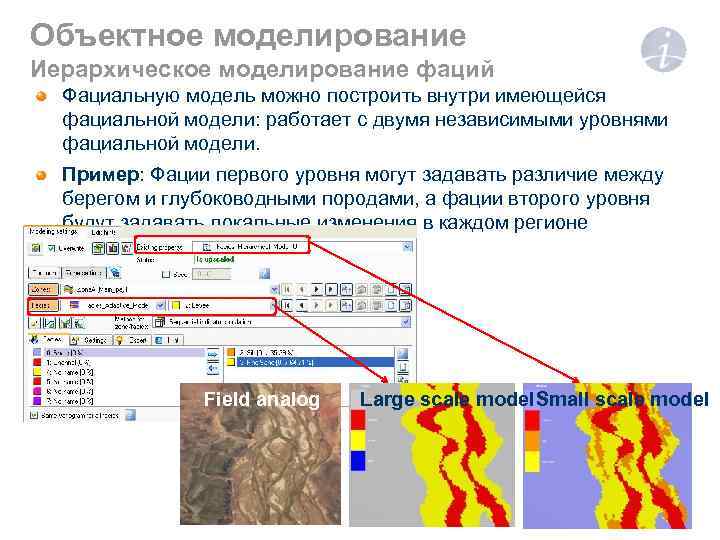 Объектное моделирование Иерархическое моделирование фаций Фациальную модель можно построить внутри имеющейся фациальной модели: работает