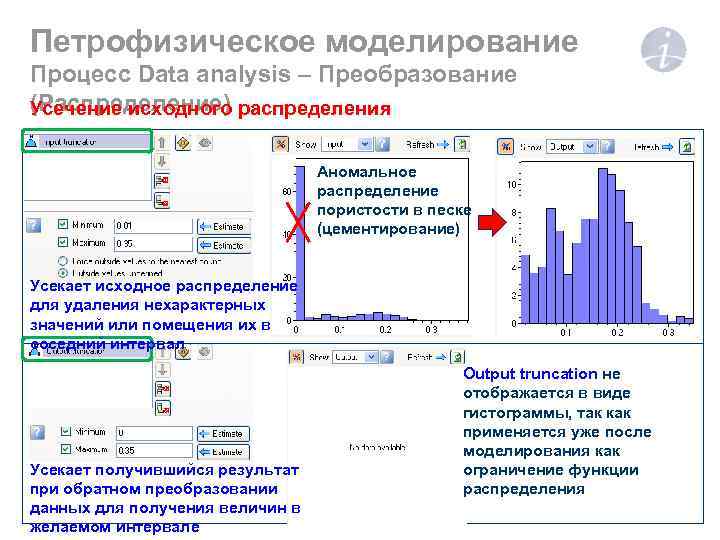 Петрофизическое моделирование Процесс Data analysis – Преобразование (Распределение) Усечение исходного распределения Аномальное распределение пористости