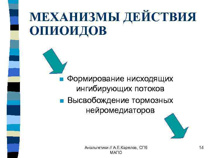 МЕХАНИЗМЫ ДЕЙСТВИЯ ОПИОИДОВ n n Формирование нисходящих ингибирующих потоков Высвобождение тормозных нейромедиаторов Анальгетики //