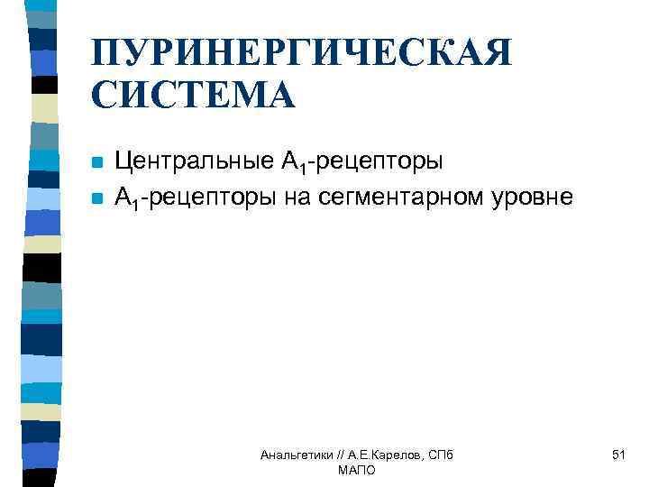 ПУРИНЕРГИЧЕСКАЯ СИСТЕМА n n Центральные А 1 -рецепторы на сегментарном уровне Анальгетики // А.
