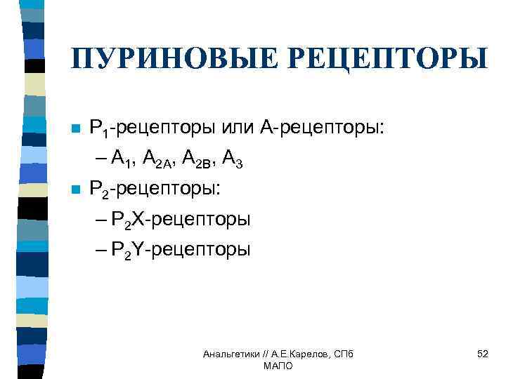 ПУРИНОВЫЕ РЕЦЕПТОРЫ n Р 1 -рецепторы или А-рецепторы: – А 1, А 2 А,