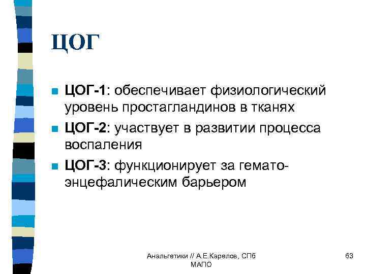 ЦОГ n n n ЦОГ-1: обеспечивает физиологический уровень простагландинов в тканях ЦОГ-2: участвует в