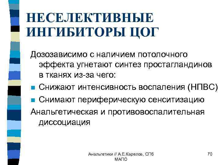 НЕСЕЛЕКТИВНЫЕ ИНГИБИТОРЫ ЦОГ Дозозависимо с наличием потолочного эффекта угнетают синтез простагландинов в тканях из-за