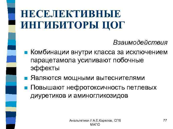 НЕСЕЛЕКТИВНЫЕ ИНГИБИТОРЫ ЦОГ n n n Взаимодействия Комбинации внутри класса за исключением парацетамола усиливают
