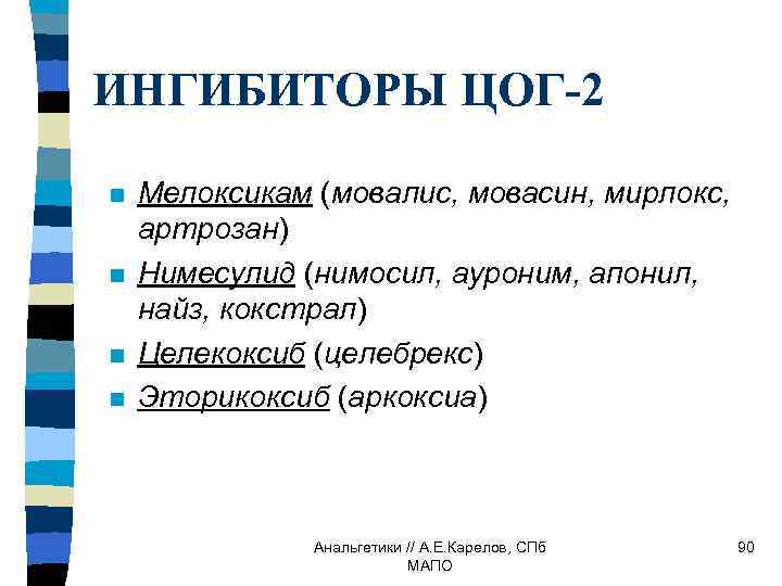 ИНГИБИТОРЫ ЦОГ-2 n n Мелоксикам (мовалис, мовасин, мирлокс, артрозан) Нимесулид (нимосил, ауроним, апонил, найз,