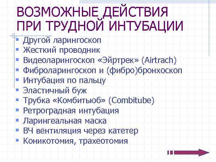 ВОЗМОЖНЫЕ ДЕЙСТВИЯ ПРИ ТРУДНОЙ ИНТУБАЦИИ § § § Другой ларингоскоп Жесткий проводник Видеоларингоскоп «Эйртрек»