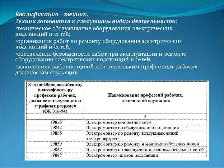 Квалификация – техник. Техник готовится к следующим видам деятельности: • техническое обслуживание оборудования электрических