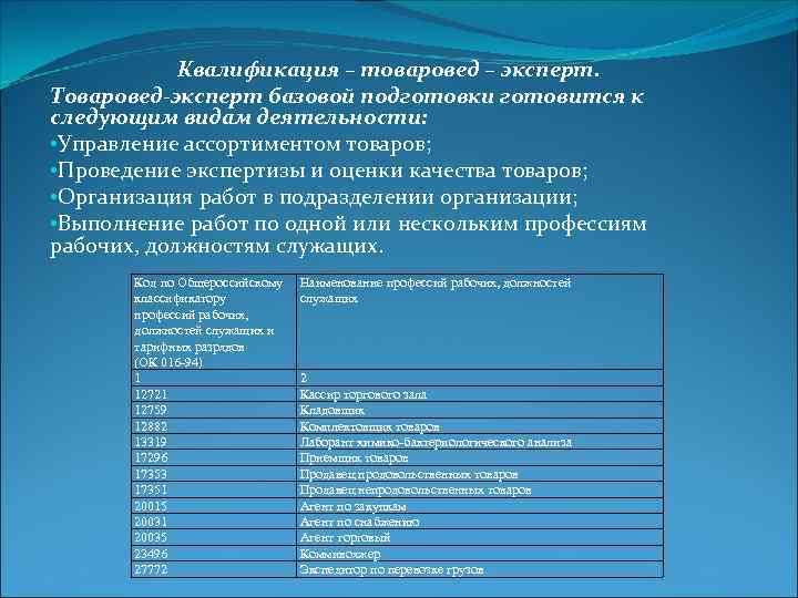 Квалификация – товаровед – эксперт. Товаровед-эксперт базовой подготовки готовится к следующим видам деятельности: •