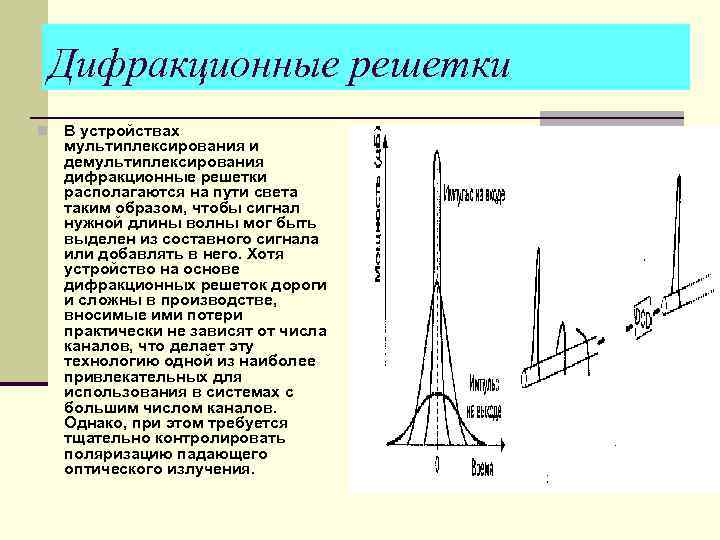 Дифракционные решетки n В устройствах мультиплексирования и демультиплексирования дифракционные решетки располагаются на пути света