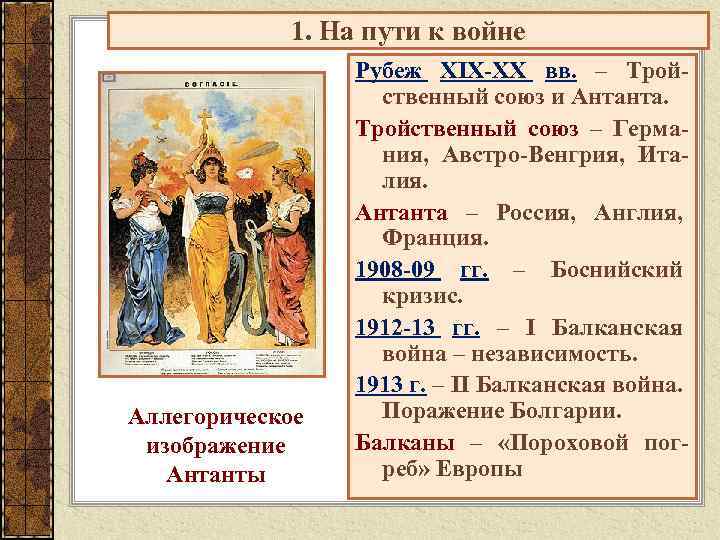 1. На пути к войне Аллегорическое изображение Антанты Рубеж XIX-XX вв. – Тройственный союз