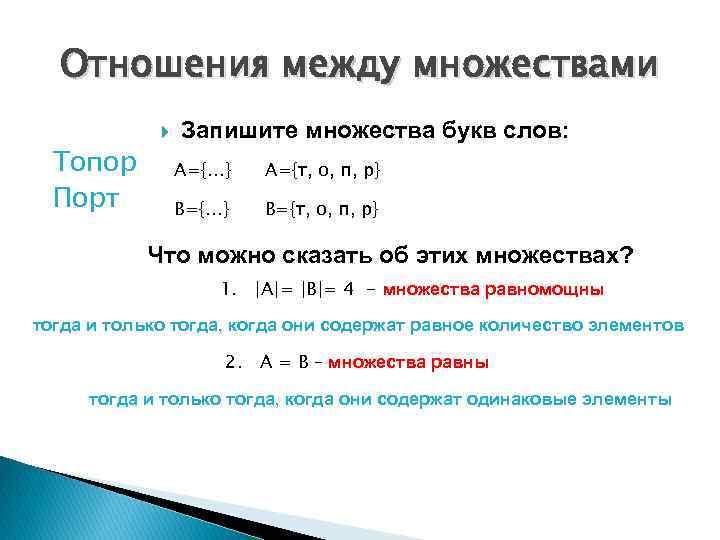 Отношения между множествами Топор Порт Запишите множества букв слов: А={…} А={т, о, п, р}
