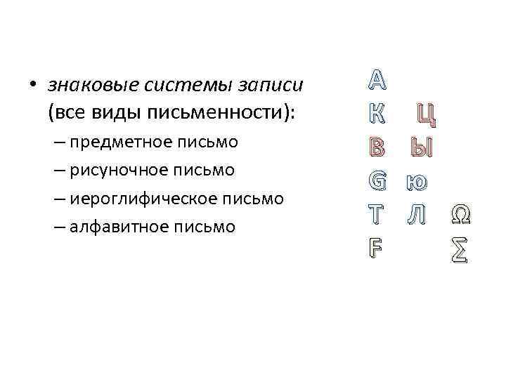  • знаковые системы записи (все виды письменности): – предметное письмо – рисуночное письмо