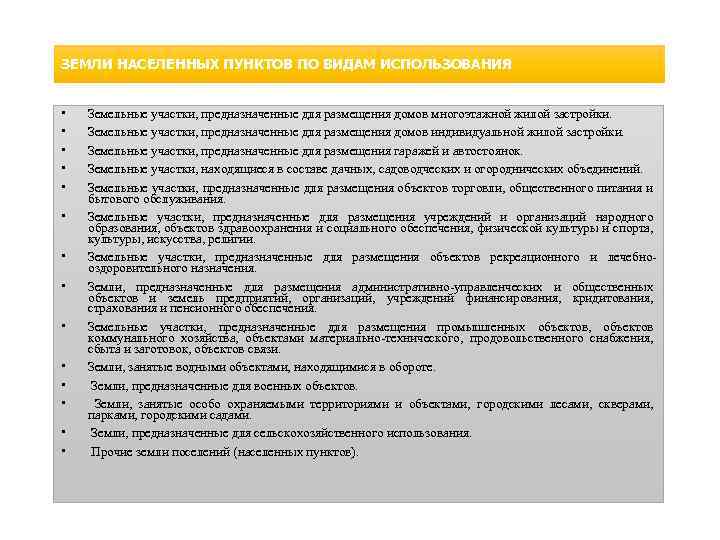 ЗЕМЛИ НАСЕЛЕННЫХ ПУНКТОВ ПО ВИДАМ ИСПОЛЬЗОВАНИЯ Земельные участки, предназначенные для размещения домов многоэтажной жилой