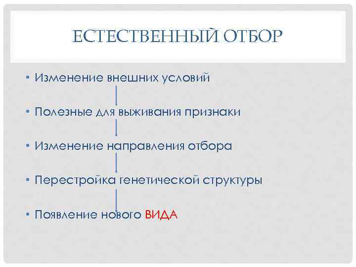 ЕСТЕСТВЕННЫЙ ОТБОР • Изменение внешних условий • Полезные для выживания признаки • Изменение направления