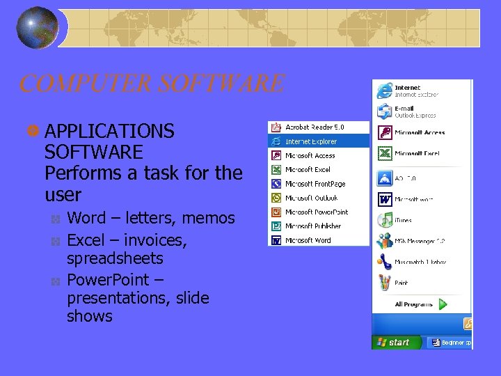 COMPUTER SOFTWARE APPLICATIONS SOFTWARE Performs a task for the user Word – letters, memos