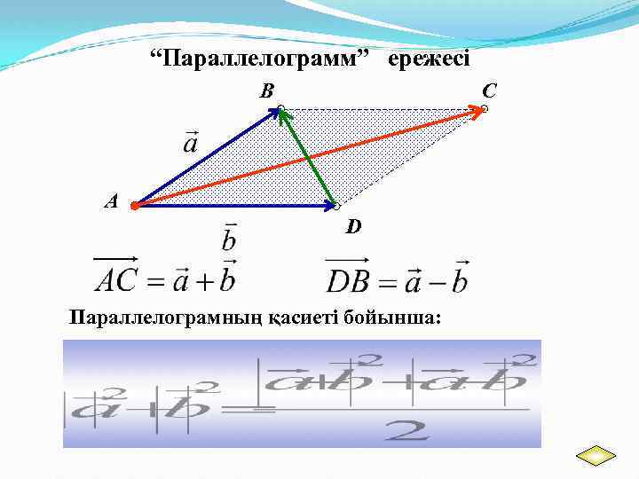 “Параллелограмм” ережесі B C A D Параллелограмның қасиеті бойынша: 