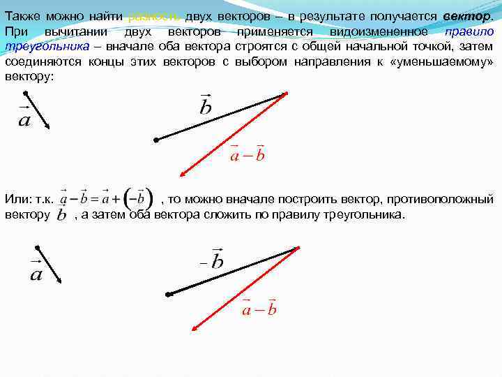 Сумму двух векторов можно найти по правилу см рисунок ниже