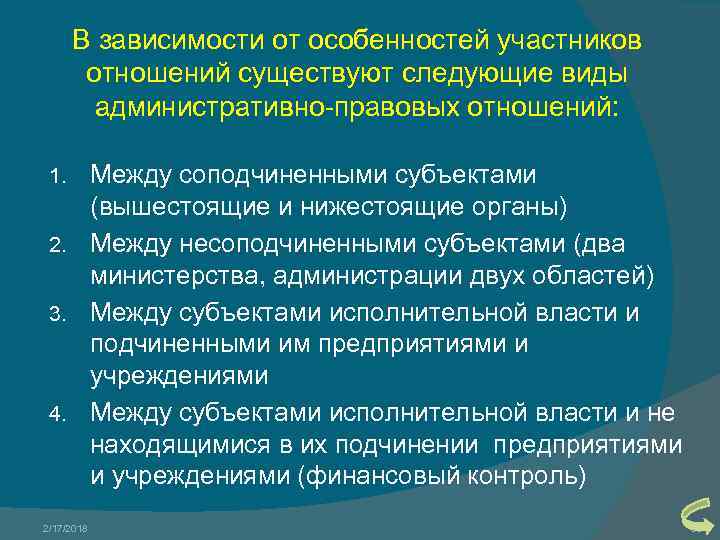 В зависимости от особенностей участников отношений существуют следующие виды административно-правовых отношений: Между соподчиненными субъектами