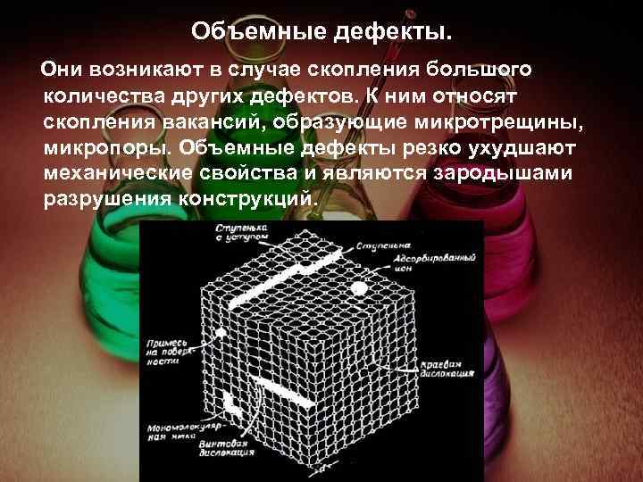 Объемные дефекты. Они возникают в случае скопления большого количества других дефектов. К ним относят