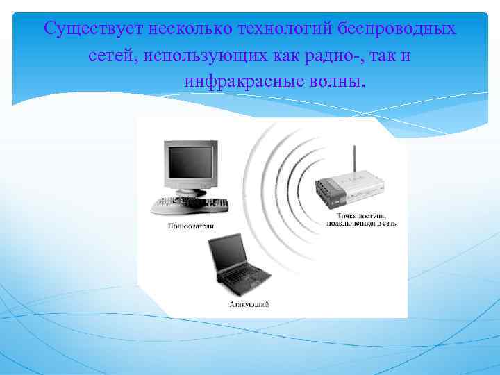 Существует несколько технологий беспроводных сетей, использующих как радио-, так и инфракрасные волны. 