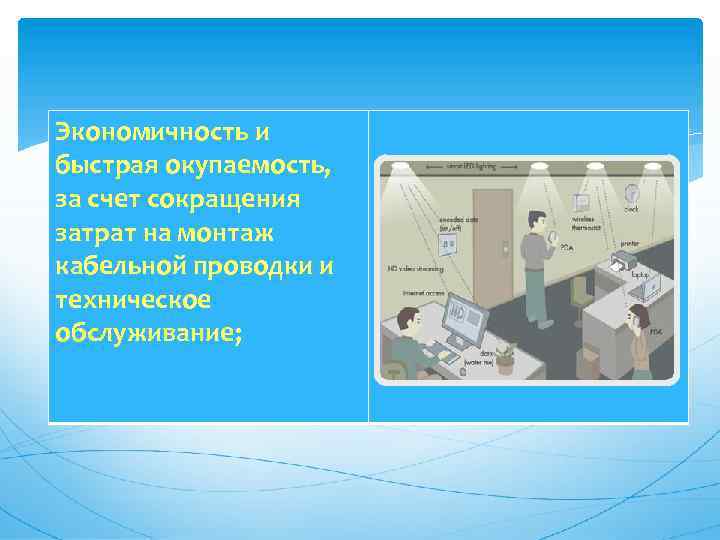 Экономичность и быстрая окупаемость, за счет сокращения затрат на монтаж кабельной проводки и техническое