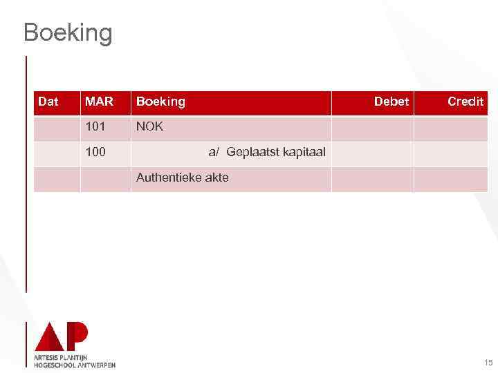 Boeking Dat MAR Boeking 101 NOK 100 Debet Credit a/ Geplaatst kapitaal Authentieke akte