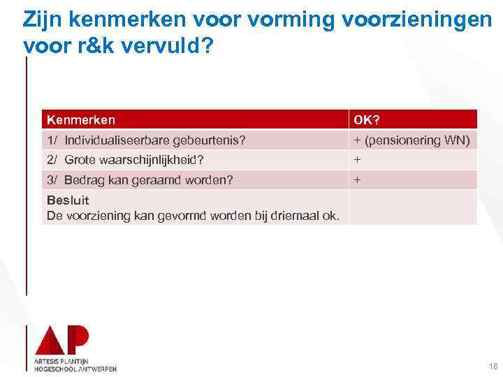 Zijn kenmerken voor vorming voorzieningen voor r&k vervuld? Kenmerken OK? 1/ Individualiseerbare gebeurtenis? +