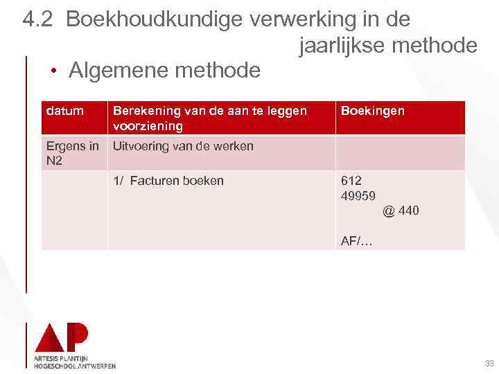 4. 2 Boekhoudkundige verwerking in de jaarlijkse methode • Algemene methode datum Berekening van