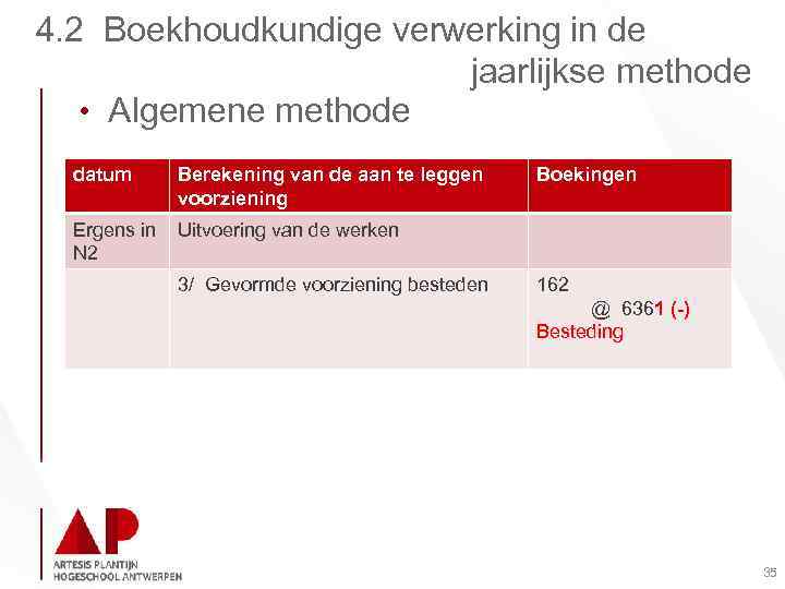 4. 2 Boekhoudkundige verwerking in de jaarlijkse methode • Algemene methode datum Berekening van