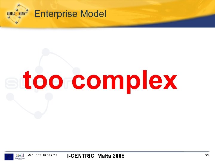 Enterprise Model too complex © SUPER 18. 03. 2018 I-CENTRIC, Malta 2008 23 