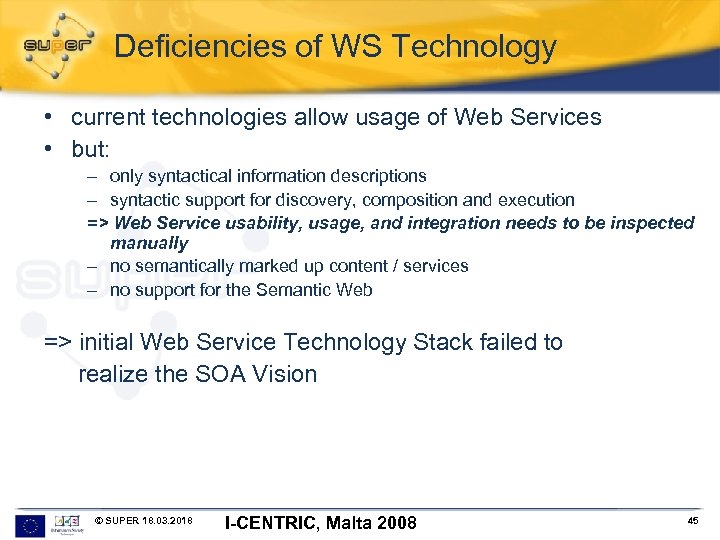 Deficiencies of WS Technology • current technologies allow usage of Web Services • but: