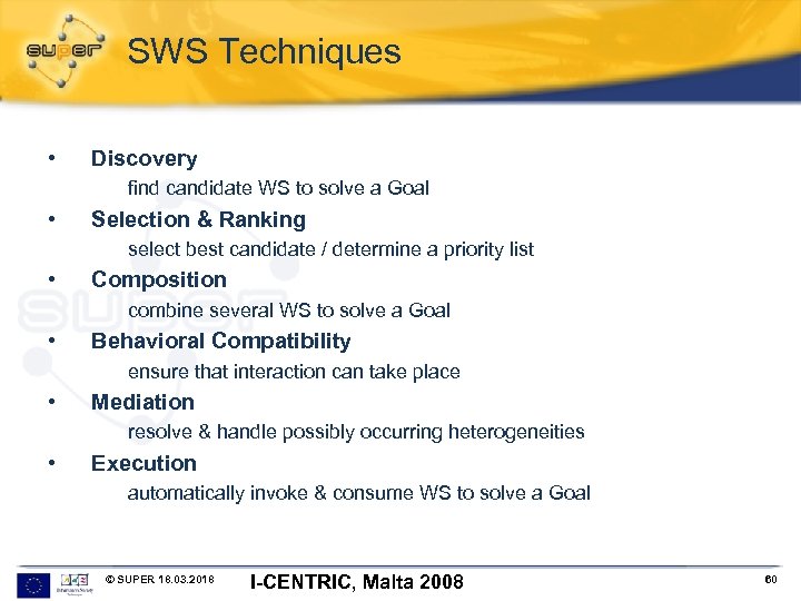 SWS Techniques • Discovery find candidate WS to solve a Goal • Selection &