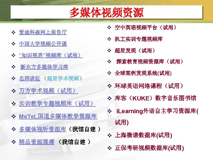 多媒体视频资源 v 爱迪科森网上报告厅 v 中国大学视频公开课 v “知识视界”视频库（试用） v 新东方多媒体学习库 v 名师讲坛 （超星学术视频） v 万方学术视频（试用）